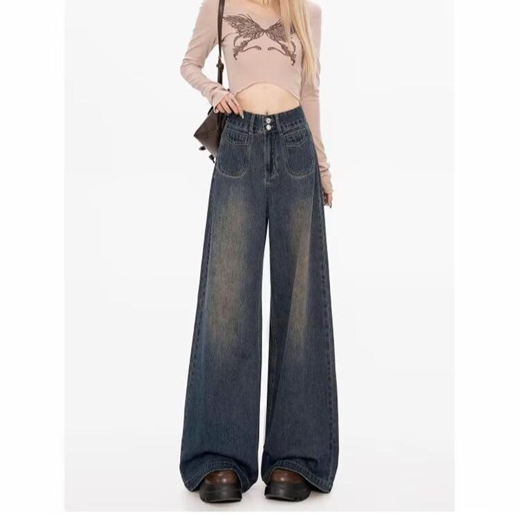 Women's High-Waisted Wide-Leg Double-Breasted Jeans - Retro Versatile Drape Mopping Pants for Spring & Autumn 2025