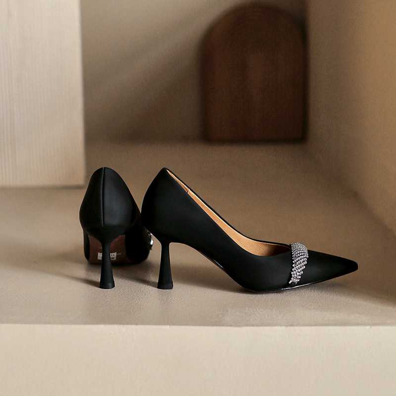Cow Leather Pointed Toe High Heels Rhinestone Women Pumps