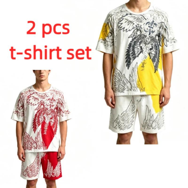 Summer Casual Angel Wing Printed Round Neck Short Sleeved T-Shirt And Shorts Set Men's and Women's T-shirt Shorts Set