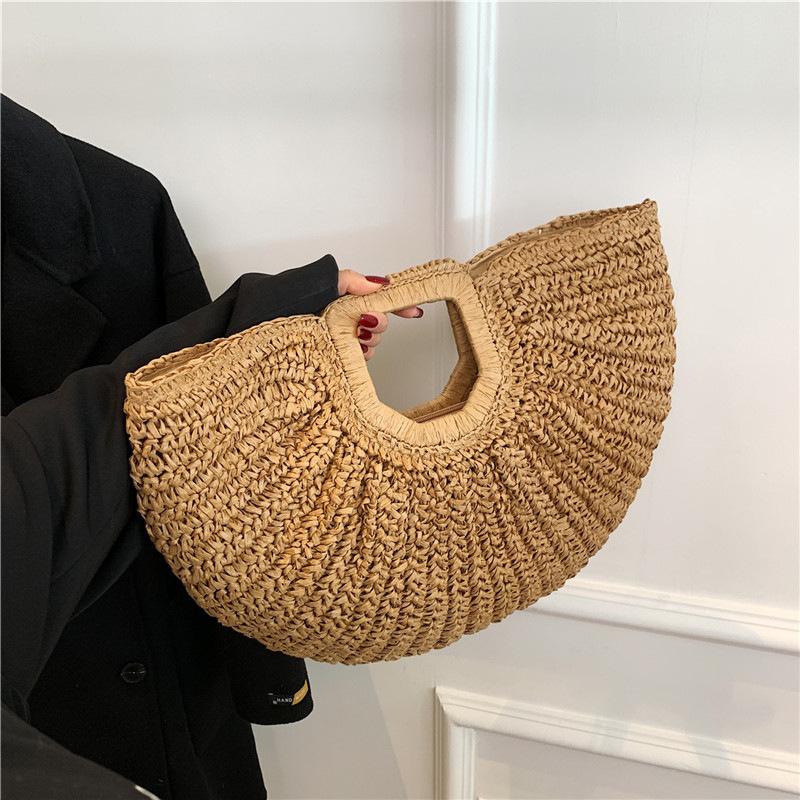 Summer Straw Women Half-moon Beach Handbag Rattan Handmade Handle Kintted Tote Bag