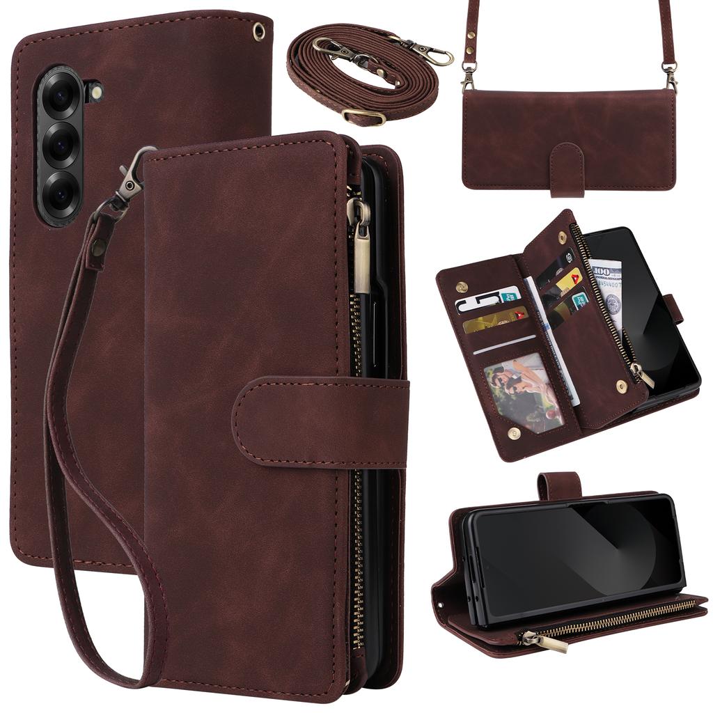 Premium Leather Business Phone Case For Samsung Galaxy Z Fold 7 Zipper Wallet Card Slots Magnetic Flip Cover For Z Fold 6 5 4 3