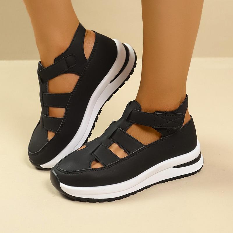 Women’s Breathable Cutout Wedge Sneakers, Thick Sole, Velcro Strap, Hidden Heel, Casual Summer Wear