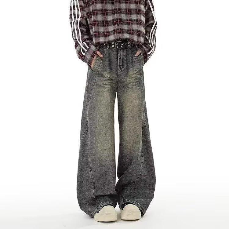 American retro washed jeans men's spring and autumn new trendy casual pants loose straight wide-leg pants
