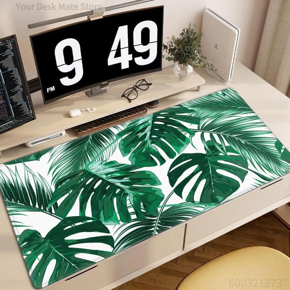 Fresh White Base Tropical Monstera Palm Leaf Mouse Pad Green Botanical Sketch Waterproof Nonslip Minimalist Desktop Decor