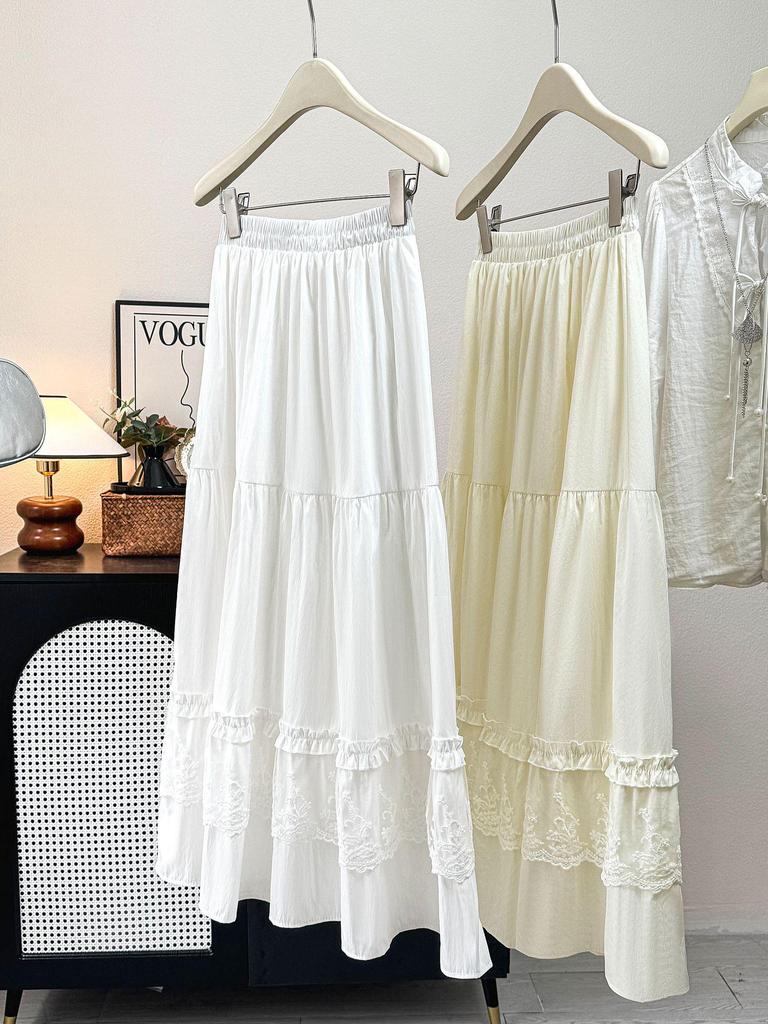 Elegant Lace-Trimmed White Midi Skirt for Women - Spring/Summer 2026 Collection, Slimming Layered Cake Design