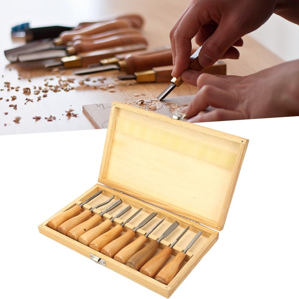 10Pcs High Hardness Wood Handle Carving Knife Chisel Kit Set Woodworking Hand Tool