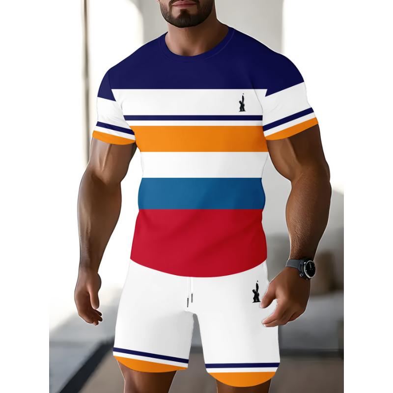 

Men s Blue and Black Color-Blocked Suit T-Shirt with Geometric Line Print, Sporty and Trendy Two-Piece Set XL