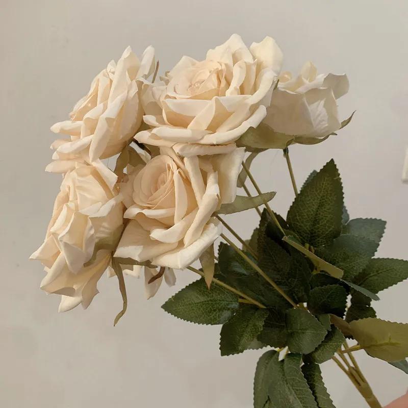 

7Heads Roses Bouquet Artificial Flower Beige Ivory Vintage Rose Living Room Dry Flower Decoration Wedding