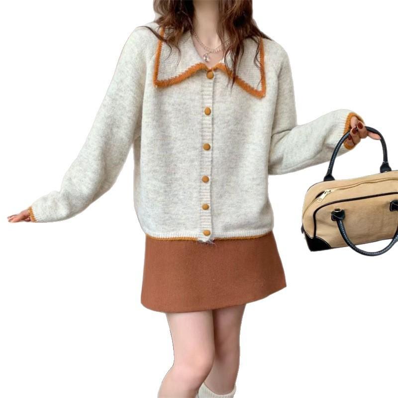 Womens Oversized Knit Cardigan With Contrast Collar Sweet Loose Fit Acrylic Sweater Jacket