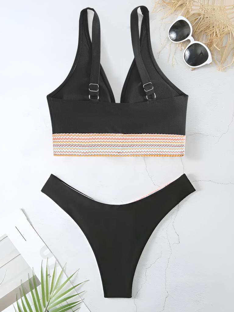 Wave Webbing Patch Low Waist Sexy Two Piece Bikini Set Elegant