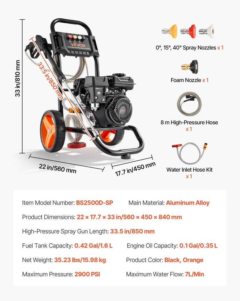 Gas Pressure Washer 2900 PSI and Max 7 L/min, Upgrade Aluminum Pump with Spray Gun and Wand, 4 Nozzle Set, Gas Powered Pressure Washer for Cars,