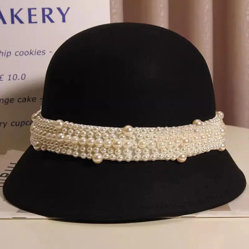 WTEMPO French-style Chic Retro Elegant Pearls Bucket Hats Women Autumn Winter Stylish Easy To Match Warm Solid Color Fedoras