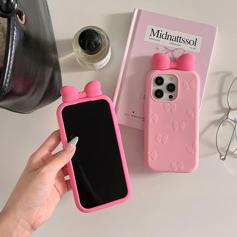 Cute 3D Cartoon Bowknot Phone Case For iPhone 16 15 14 13 12 Pro Max Fashion Shock Proof Soft Silicone Back Cover Capas