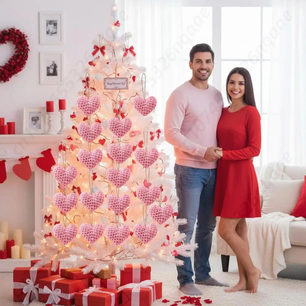 12Pcs Knitted Heart Hanging Pendant DIY Crochet Handmade Heart Tree Ornament Home Christmas Valentine's Day Wedding Party Decor