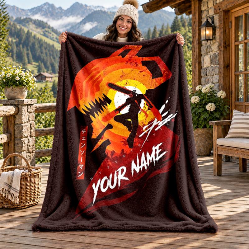 Coperta in Flanella con Nome Personalizzato Chainsaw Man Morbida Calda Coperta Plaid in Peluche Regalo Personalizzato per Famiglia Amici