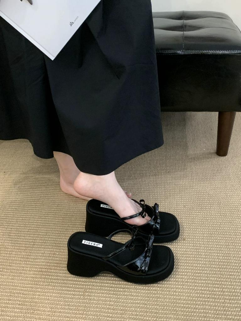 Wedge heel heightened silver bow open-toed cool slippers outer wear women's shoes 2025 new summer thick-soled versatile sandals
