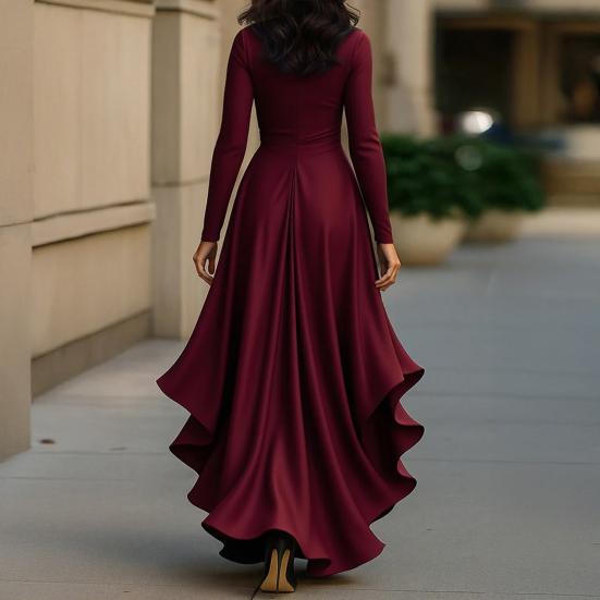 Women's Satin V Long Sleeve Split A-Line Wrap Dress Dress Tie Waist Neck Ruffle