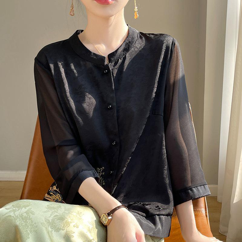 

Куртка в новом китайском стиле с рукавами семь восьмых из пряжи Сянъюнь с вышивкой и воротником-стойкой, рубашка из искусственного шелка XL чёрный