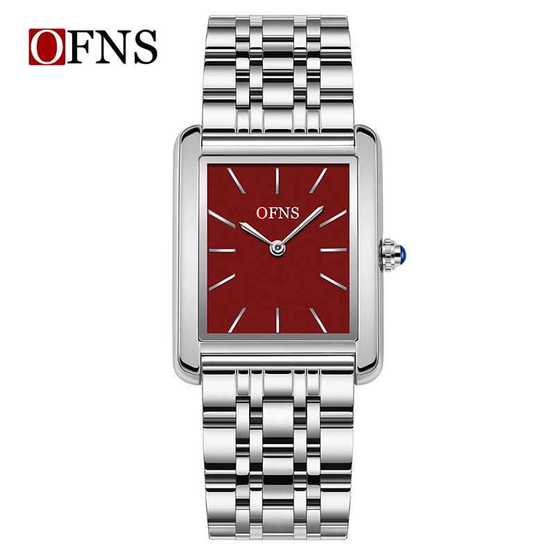 OFNS Women's Waterproof Stainless Steel and Leather Strap Square Fashion Quartz Watch