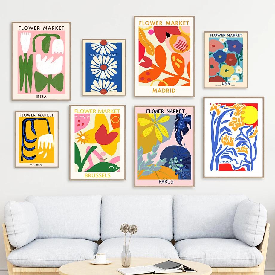 Nordic Abstract Flower Market Leaf Illustration Wall Art Posters and Prints Canvas Painting Wall Pictures for Living Room Decor