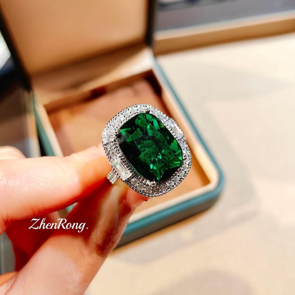 Women Jewelry Set Green Square Pendant Necklace Emerald Stud Earrings Green Diamond Ring Gift for Her