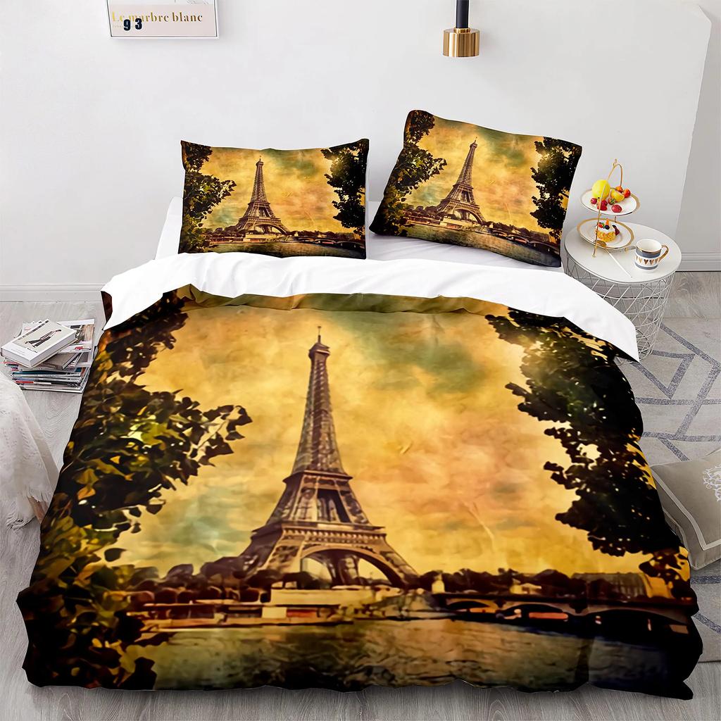 Eiffel Tower Duvet Cover Set King Size Paris Cityscape Twin Bedding Set Modern French Style Polyester Comforter Cover Boys Girls