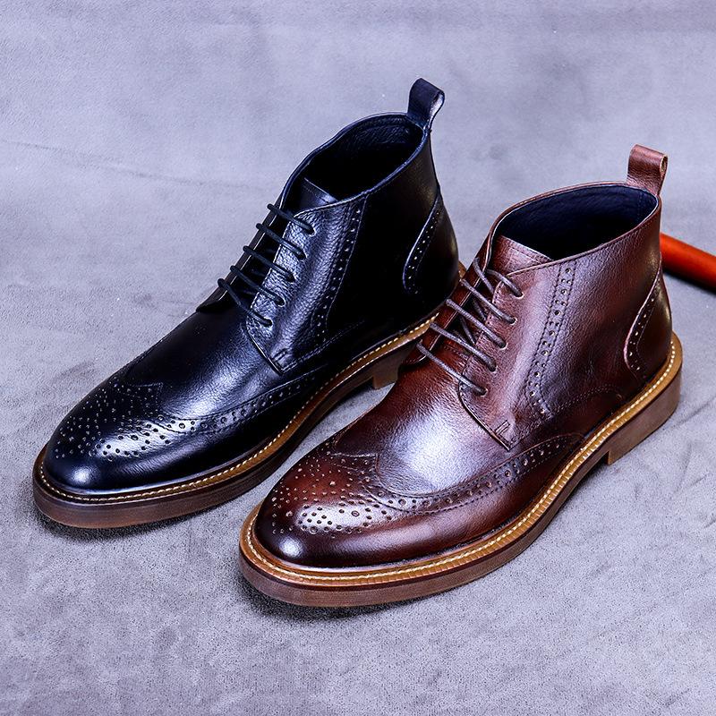 Fashion Men's Autumn Winter Plus Velvet Warm Carved Brogue Leather Shoes Street Cowhide Lace-Up Boots Male British Retro Tooling Boots