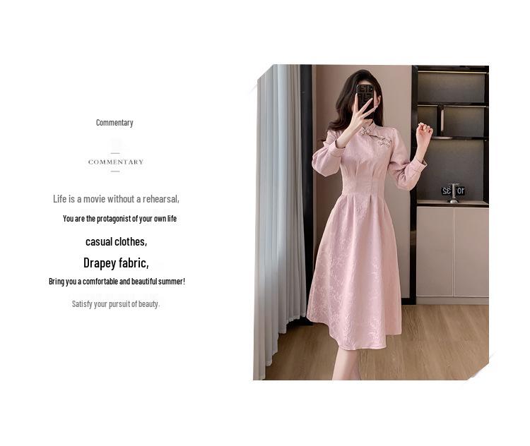 Pink Cheongsam Long Sleeve Bridesmaid Dress - Spring Engagement and Homecoming Style