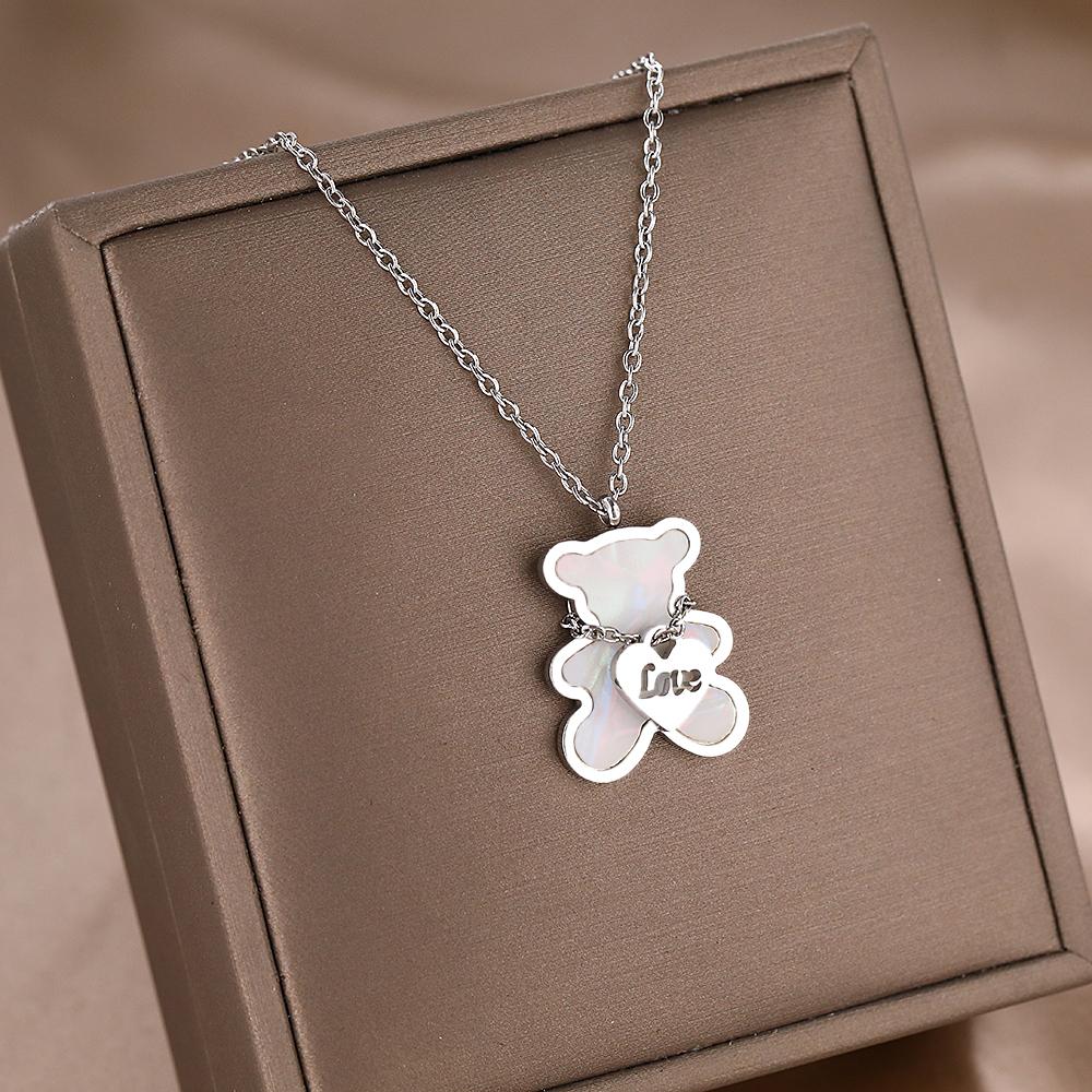 Stainless Steel Necklaces Lovely Cute Bear Shell Pendants Korean Fashion Choker Female Chain Necklace For Women Zircon Girls