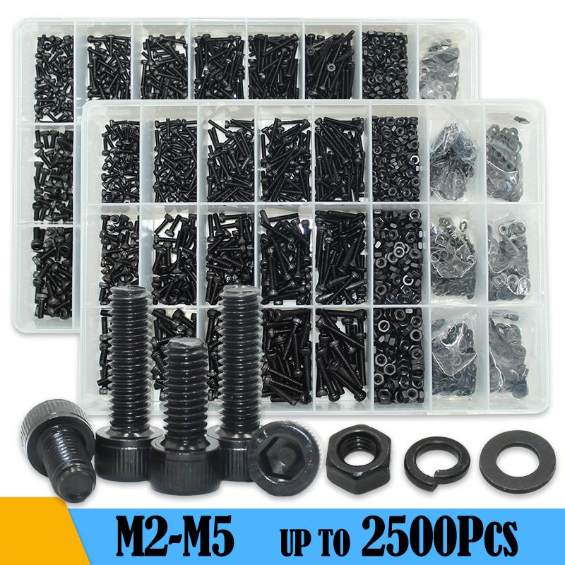 

2500p Black Steel Socket Head Hex Round Cap Screws Set M2 M3 M4 M5 M6 Grade 12.9 DIN912 Allen Bolts Nuts Washer Assortment Kit
