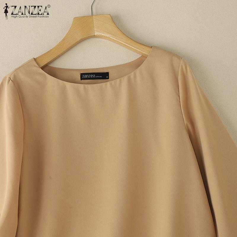 ZANZEA Damen Lässig Rundhals 3/4-Ärmel Einfarbig Locker Bluse