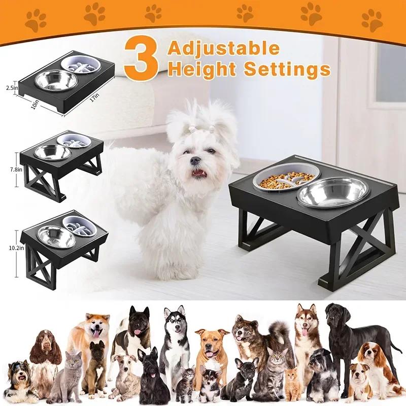 Stainless Steel Pet Bowl Double Basin Dog and Cat Bowl Adjustable Height Slow Feeding Water Bowl 2 In 1
