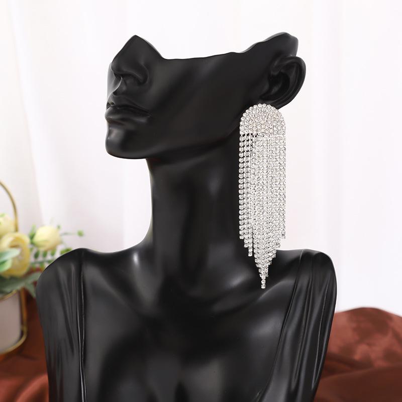 European & American Full Diamond Tassel Earrings - Chain Design Fashion Stud with Pendant, Irregular Design