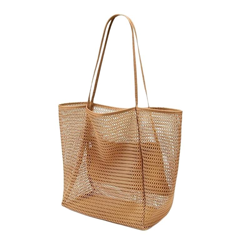 Mesh Beach Tote Bag Large Capacity Women Shoulder Bag Anti-Sand Net Shopping Bag with Zipper Pocket Lightweight Summer Travel Handbag