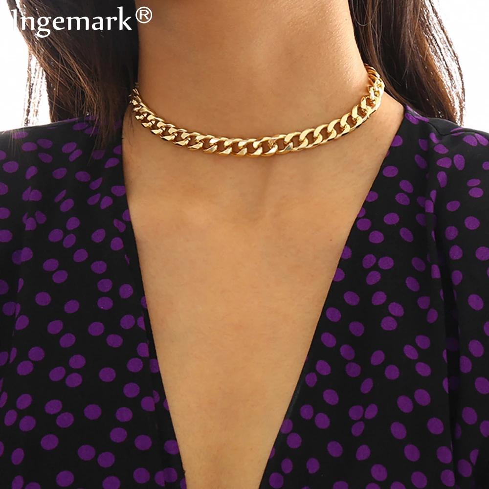 Punk Miami Cuban Choker Necklace Collar Statement Hip Hop Big Chunky Aluminum Gold Color Thick Chain Necklace Women Zircon