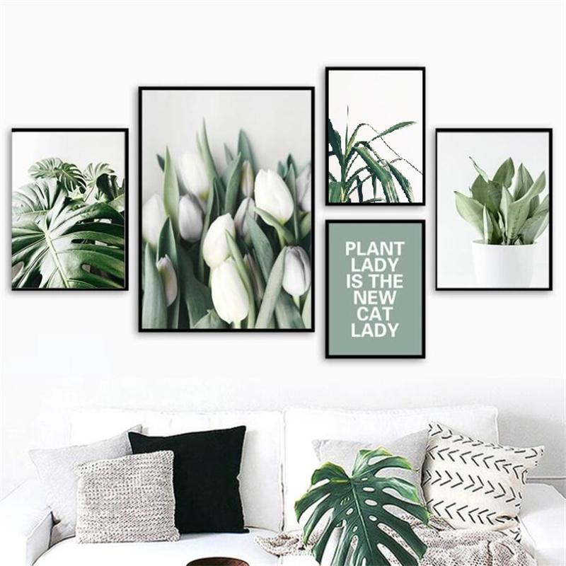 Weiße Tulpe, grüne Sukkulenten, Aloe, Monstera, Pflanzenkunst, nordisches Poster, Leinwandmalerei und Druck von Wandbildern für die Wohnzimmerdekoration