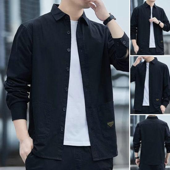 Men Autumn Shirt Double Pockets Solid Color Long Sleeves Turn-down Collar Loose Warm Single-breasted Casual Korean Style Autumn Tops for Daily Wear