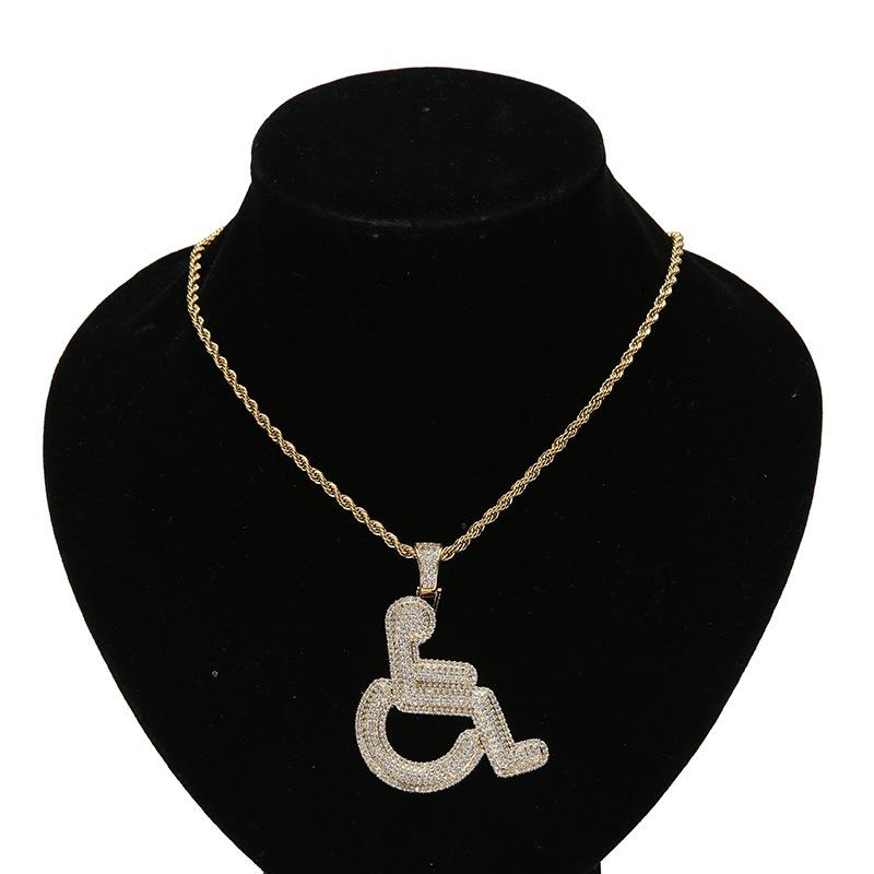 European and American Hip Hop Personalized Wheelchair Shaped Pendant Copper Inlaid Zircon Hot Selling Men s Necklace Cross Border Trendy Jewelry