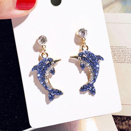 

Cute Dolphin Shape Shiny Full Rhinestone Inlaid Women Stud Earrings Jewelry Gift синий