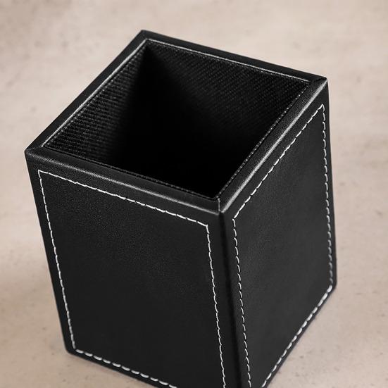 Pen Holder White Stitching Faux Leather Desk Organizer Waterproof Easy To Clean Square Pencil Holder