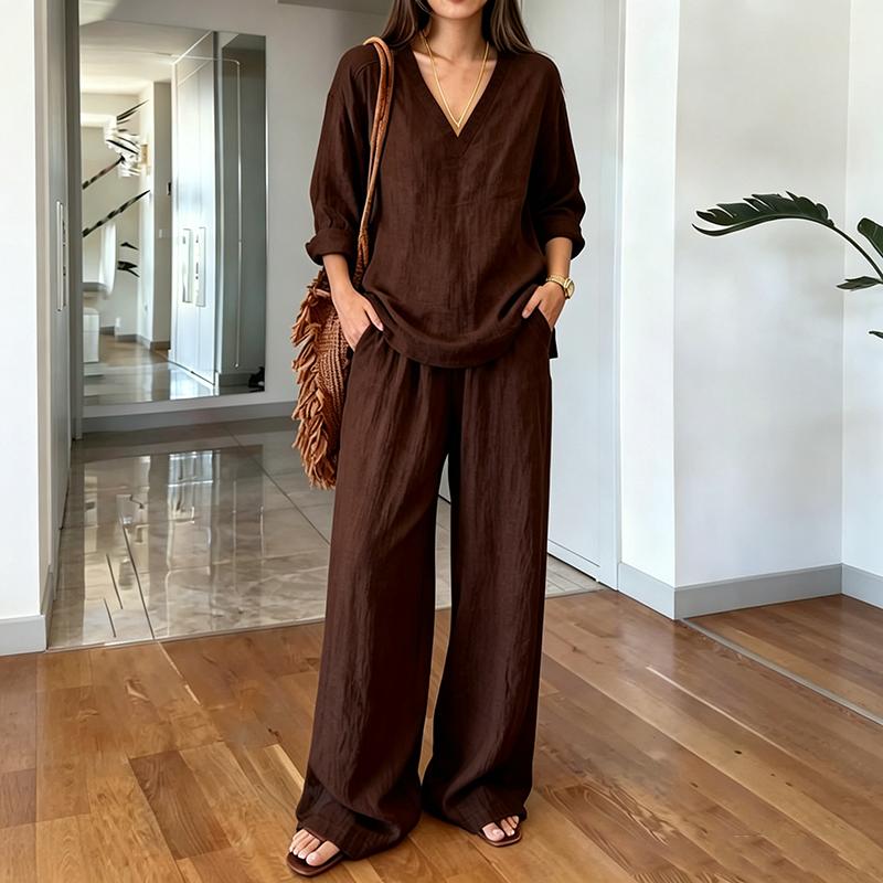 Women'S 2 Piece Linen Outfits V Neck Long Sleeve Pullovers Shirt Top And Wide Leg Pants Set Casual Loungewear Vacation Tracksuit