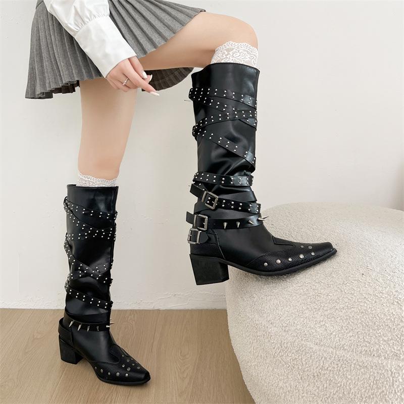 Black retro thick heel pointed boots women's 2025 new autumn punk style thin but knee trousers boots