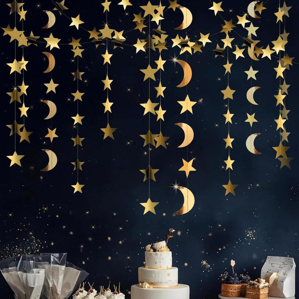 Gold Moon and Stars Decor Star Garland Decorations Hanging Twinkle Little Star Birthday Baby Shower Graduation Starry Night EID Ramadan Muburak