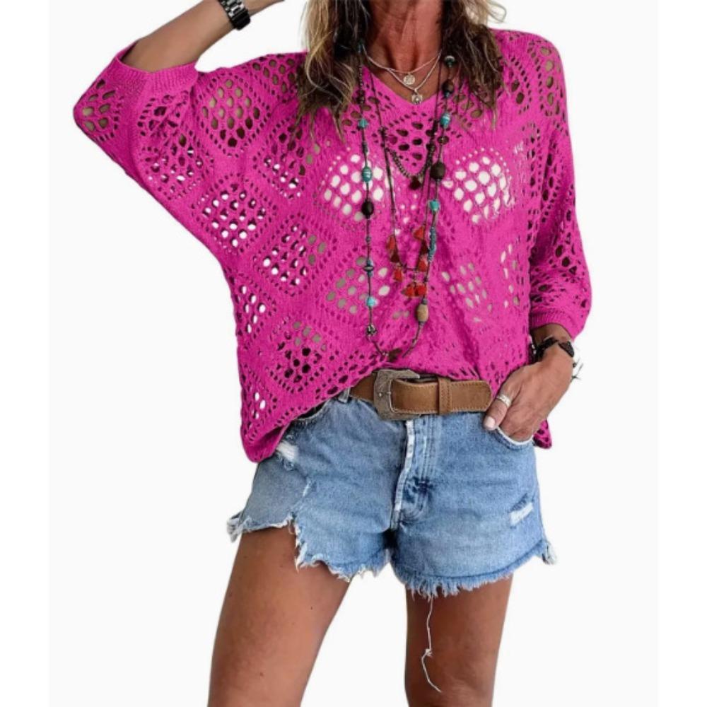 Women Spring Summer V-neck Diamond Hollow Out Batwing Sleeve Knit Sweater Loose Cover Up Blouse