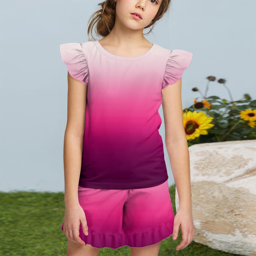 Summer Girls Cute Suit Flying Sleeves T-shirt Top + Ruffled Shorts Daily Outdoor Wear Cute Casual Fashion 2-Piece Set