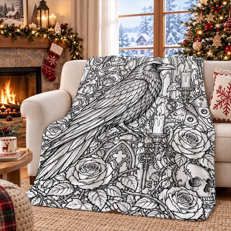 1pc Gothic Style Rose Crow Bird And Candlelit Forest Printed Flannel Blanket, Office Nap Blanket, Dorm Bed Blanket, Car Travel Blanket, Outdoor Campin