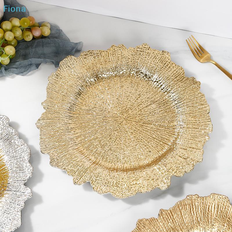 12,59" Goldene Gedeckplatten mit floralem Riffmuster, runde Kunststoff-Gedeckplatten mit gerüschtem Rand, Abendessen für Dinner, Hochzeitsfeier-Dekoration