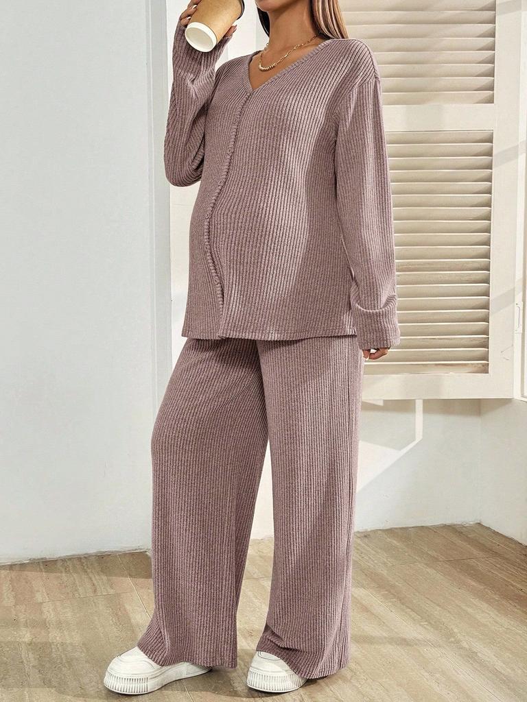 Autumn and Winter Knitted Cardigan Top with Adjustable Waist, Casual Loose Pants, Maternity Suit