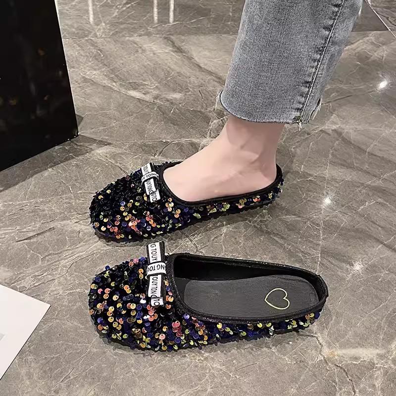 Fashion Glitter Slides Shoes Woman 2024 Slippers Flat Low Female Mule Pantofle Cover Toe Jelly Mules New PU Bling Crystal Rubber Rome Ho