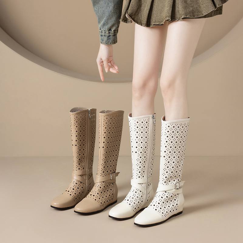 Krazing Pot Rindsspaltleder Runde Zehe Größe 43 Sommerstiefel Mode Ritterstiefel Hohle Verzierungen Herbststiefel Oberschenkelhohe Stiefel